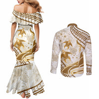 Gold Polynesia Couples Matching Mermaid Dress and Long Sleeve Button Shirt Polynesian Turtle Shark Tattoo Tropical Vintage LT14 - Polynesian Pride