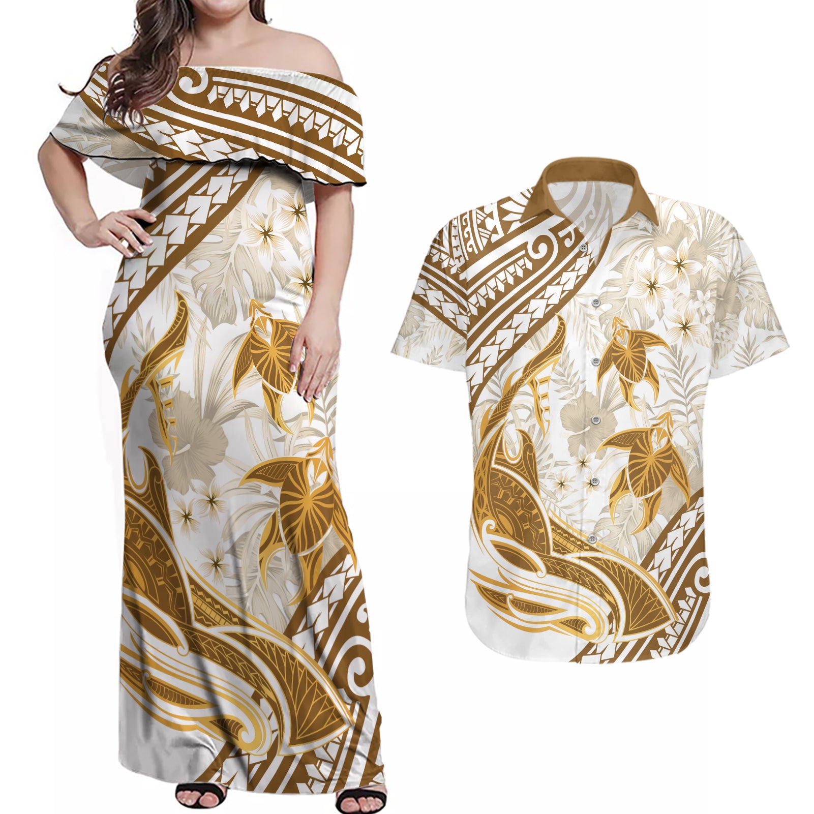 Gold Polynesia Couples Matching Off Shoulder Maxi Dress and Hawaiian Shirt Polynesian Turtle Shark Tattoo Tropical Vintage LT14 Gold - Polynesian Pride