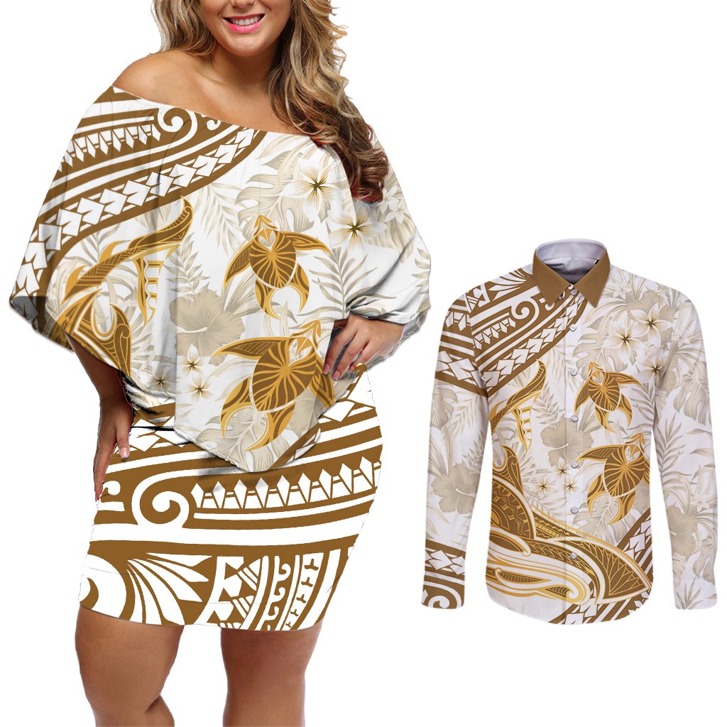 Gold Polynesia Couples Matching Off Shoulder Short Dress and Long Sleeve Button Shirt Polynesian Turtle Shark Tattoo Tropical Vintage LT14 Gold - Polynesian Pride