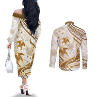 Gold Polynesia Couples Matching Off The Shoulder Long Sleeve Dress and Long Sleeve Button Shirt Polynesian Turtle Shark Tattoo Tropical Vintage LT14 - Polynesian Pride