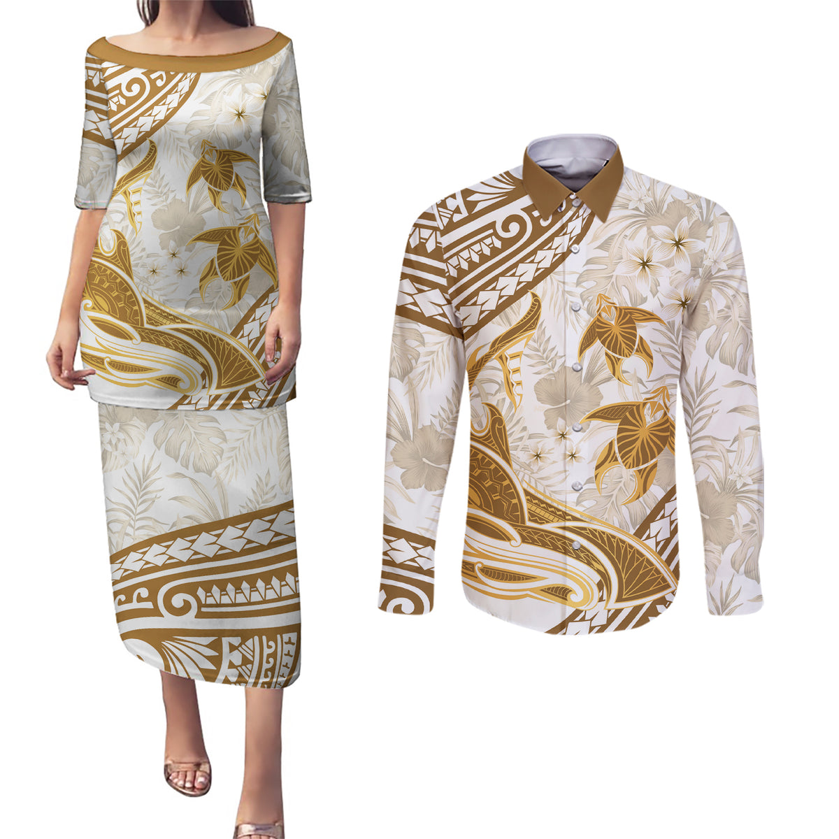 Gold Polynesia Couples Matching Puletasi and Long Sleeve Button Shirt Polynesian Turtle Shark Tattoo Tropical Vintage LT14 Gold - Polynesian Pride