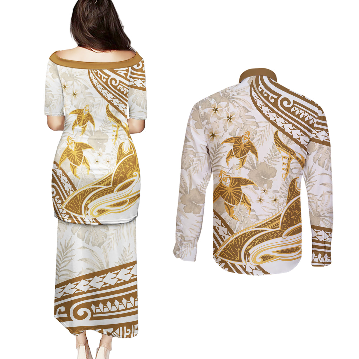 Gold Polynesia Couples Matching Puletasi and Long Sleeve Button Shirt Polynesian Turtle Shark Tattoo Tropical Vintage LT14 - Polynesian Pride