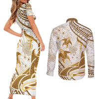 Gold Polynesia Couples Matching Short Sleeve Bodycon Dress and Long Sleeve Button Shirt Polynesian Turtle Shark Tattoo Tropical Vintage LT14 - Polynesian Pride