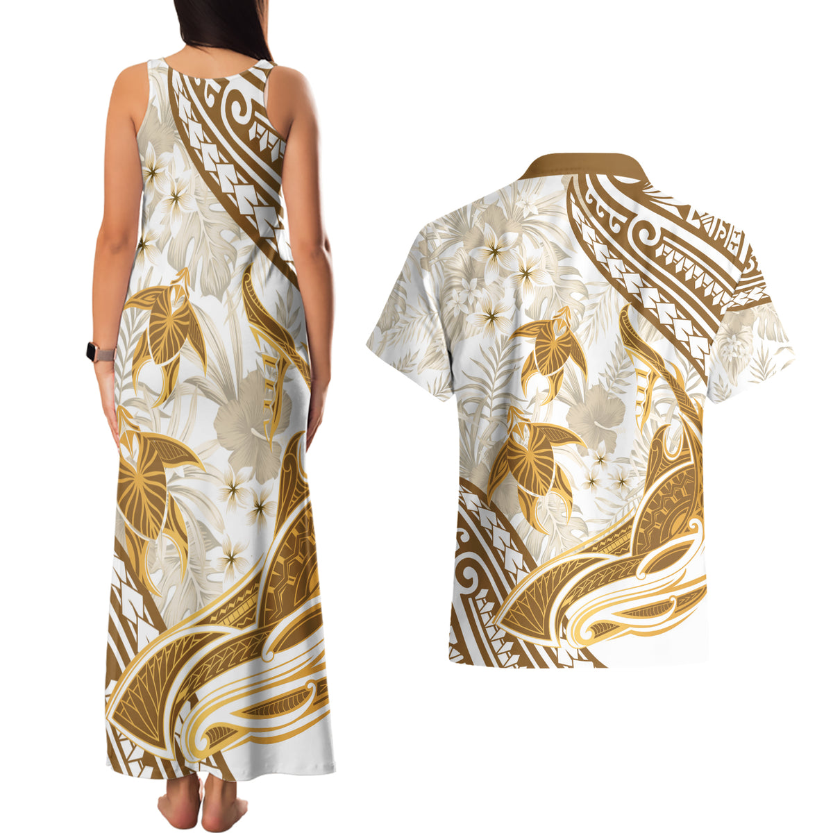 Gold Polynesia Couples Matching Tank Maxi Dress and Hawaiian Shirt Polynesian Turtle Shark Tattoo Tropical Vintage LT14 - Polynesian Pride