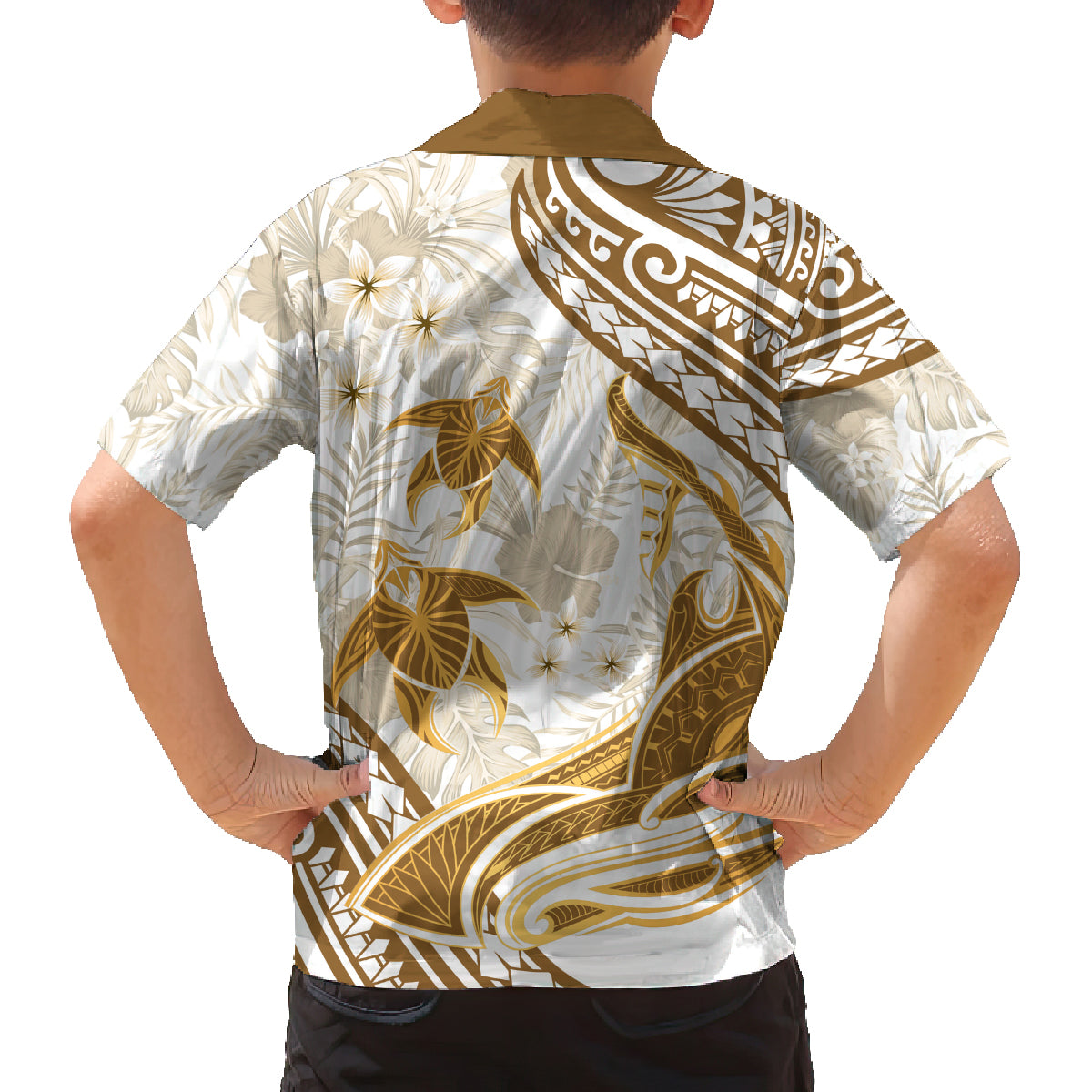 Gold Polynesia Family Matching Off Shoulder Long Sleeve Dress and Hawaiian Shirt Polynesian Turtle Shark Tattoo Tropical Vintage LT14 - Polynesian Pride