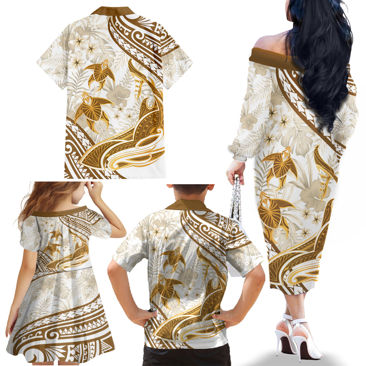Gold Polynesia Family Matching Off Shoulder Long Sleeve Dress and Hawaiian Shirt Polynesian Turtle Shark Tattoo Tropical Vintage LT14 - Polynesian Pride