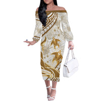 Gold Polynesia Family Matching Off Shoulder Long Sleeve Dress and Hawaiian Shirt Polynesian Turtle Shark Tattoo Tropical Vintage LT14 Mom's Dress Gold - Polynesian Pride