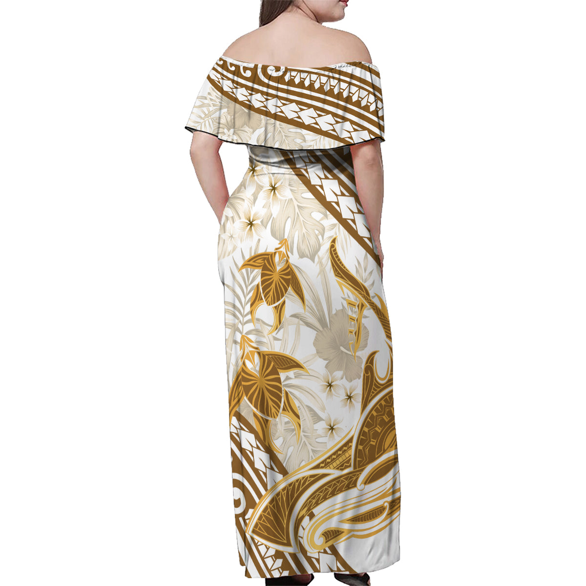 Gold Polynesia Family Matching Off Shoulder Maxi Dress and Hawaiian Shirt Polynesian Turtle Shark Tattoo Tropical Vintage LT14 - Polynesian Pride