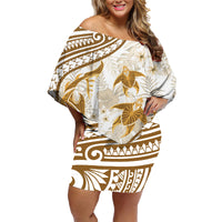 Gold Polynesia Family Matching Off Shoulder Short Dress and Hawaiian Shirt Polynesian Turtle Shark Tattoo Tropical Vintage LT14 Mom's Dress Gold - Polynesian Pride