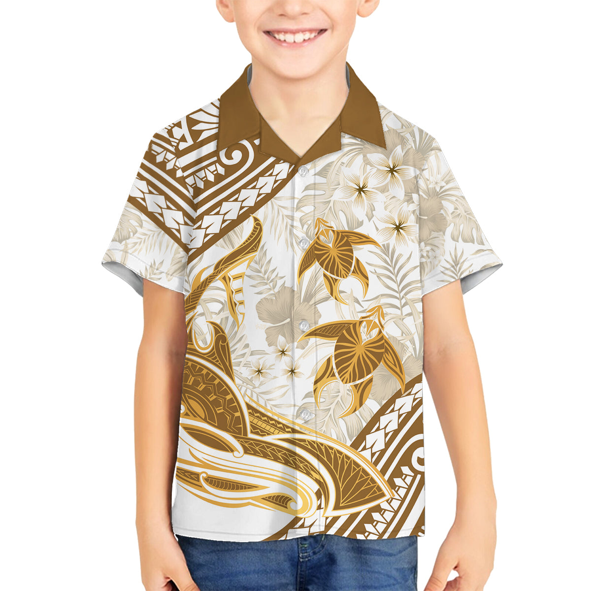 Gold Polynesia Family Matching Off Shoulder Short Dress and Hawaiian Shirt Polynesian Turtle Shark Tattoo Tropical Vintage LT14 Son's Shirt Gold - Polynesian Pride