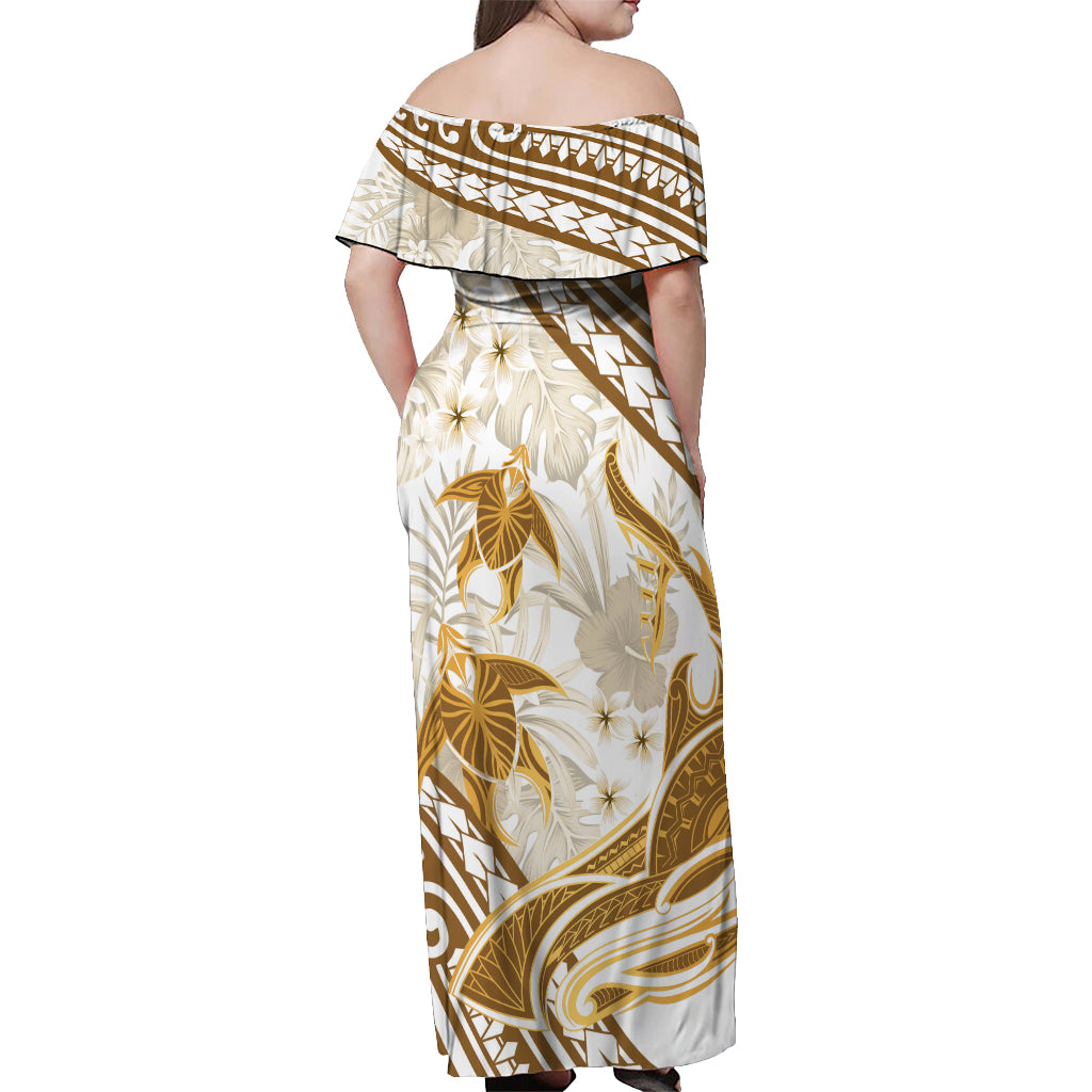 Gold Polynesia Off Shoulder Maxi Dress Polynesian Turtle Shark Tattoo Tropical Vintage LT14 - Polynesian Pride