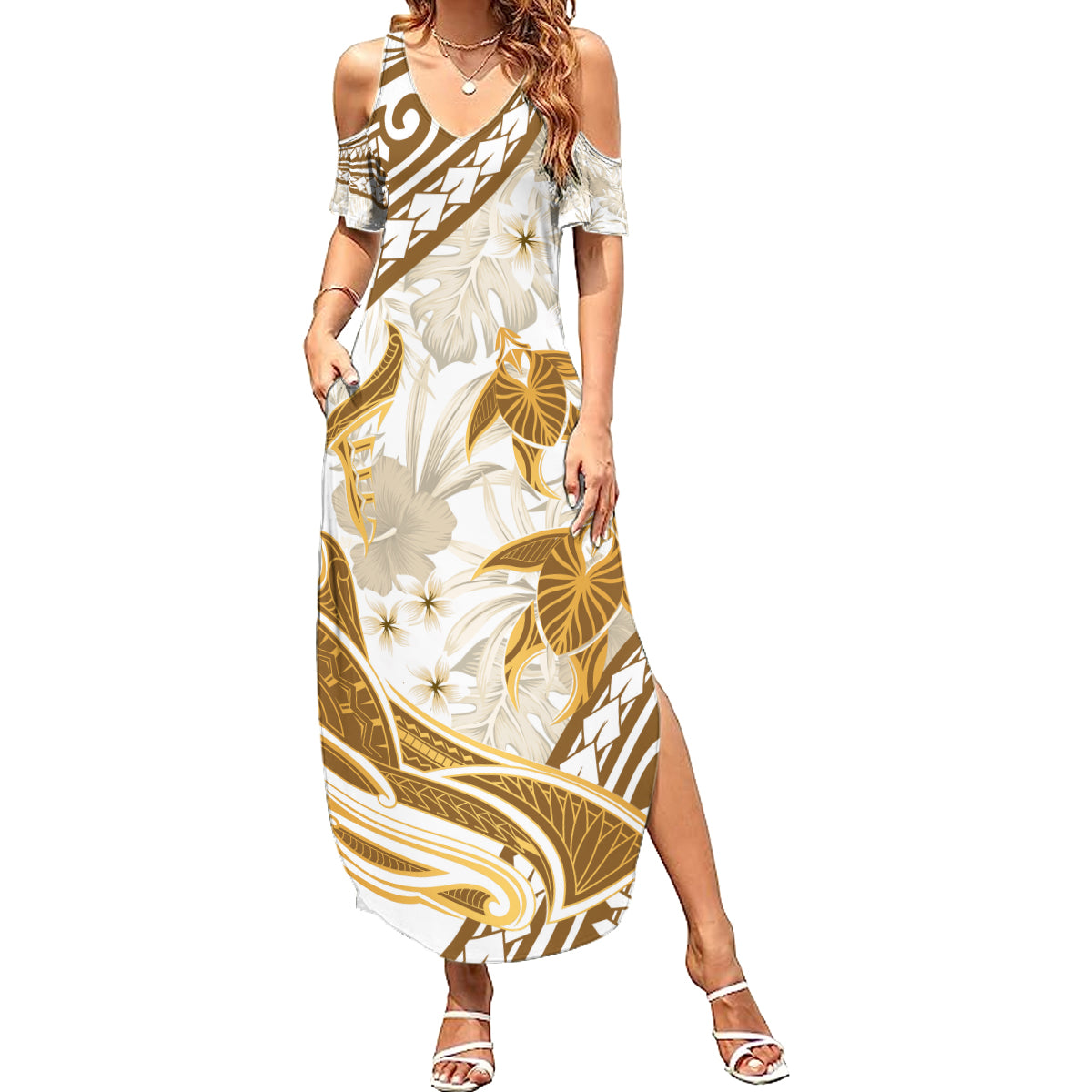 Gold Polynesia Summer Maxi Dress Polynesian Turtle Shark Tattoo Tropical Vintage LT14 Women Gold - Polynesian Pride