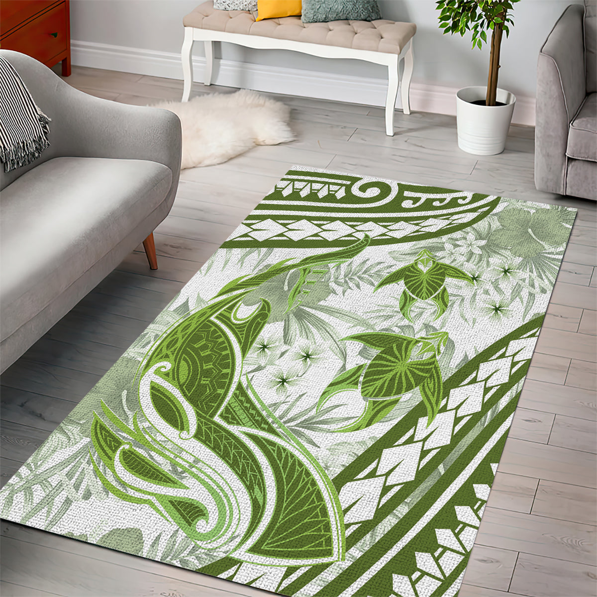 Lime Green Polynesia Area Rug Polynesian Turtle Shark Tattoo Tropical Vintage