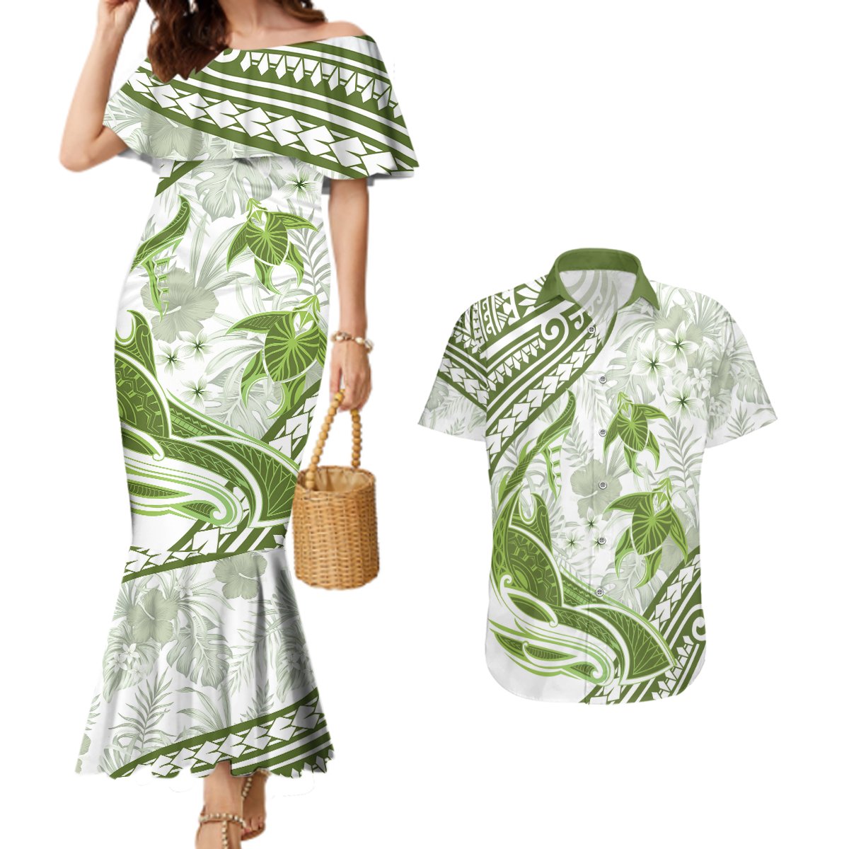 Lime Green Polynesia Couples Matching Mermaid Dress and Hawaiian Shirt Polynesian Turtle Shark Tattoo Tropical Vintage LT14 Lime Green - Polynesian Pride