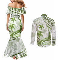 Lime Green Polynesia Couples Matching Mermaid Dress and Long Sleeve Button Shirt Polynesian Turtle Shark Tattoo Tropical Vintage LT14 - Polynesian Pride