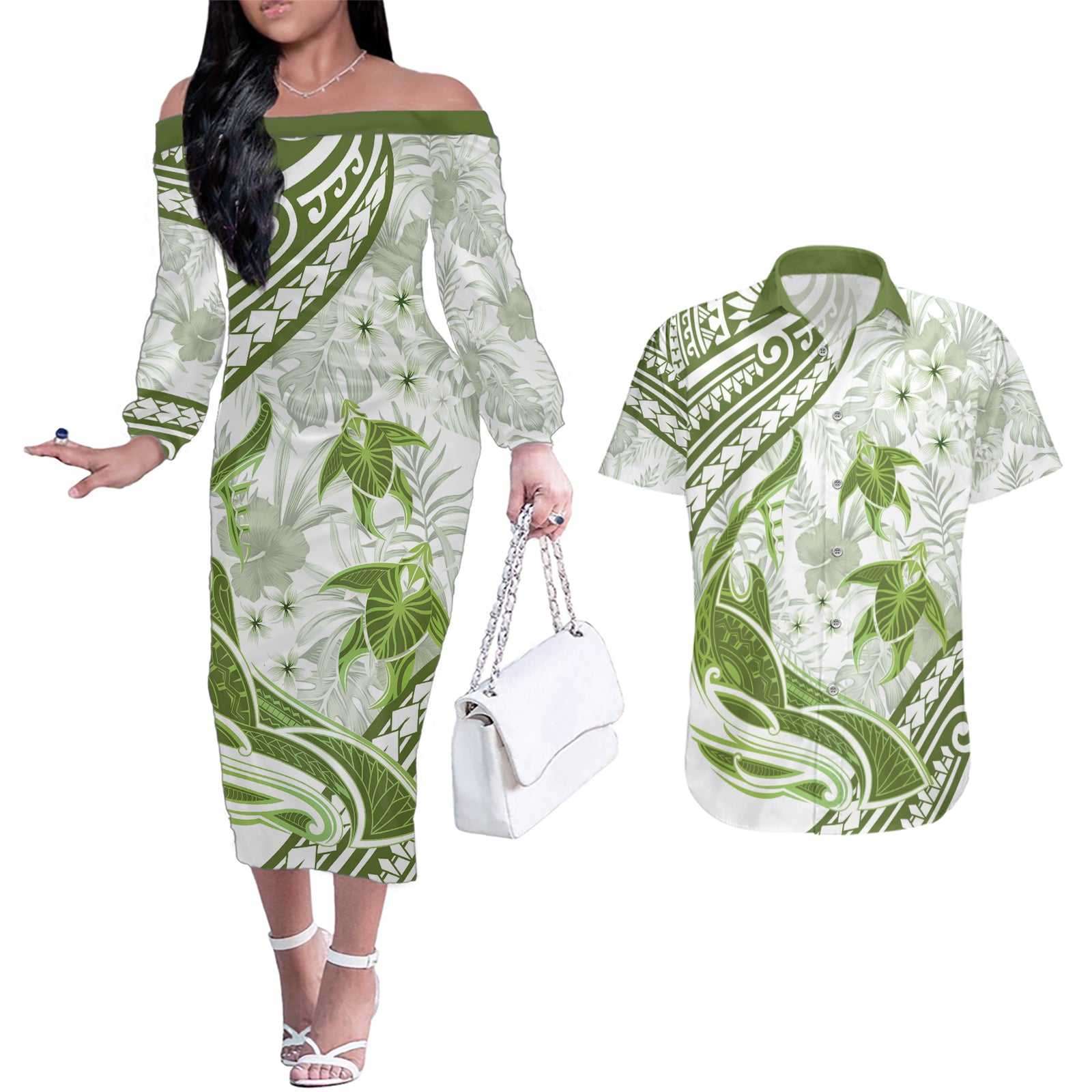Lime Green Polynesia Couples Matching Off The Shoulder Long Sleeve Dress and Hawaiian Shirt Polynesian Turtle Shark Tattoo Tropical Vintage LT14 Lime Green - Polynesian Pride