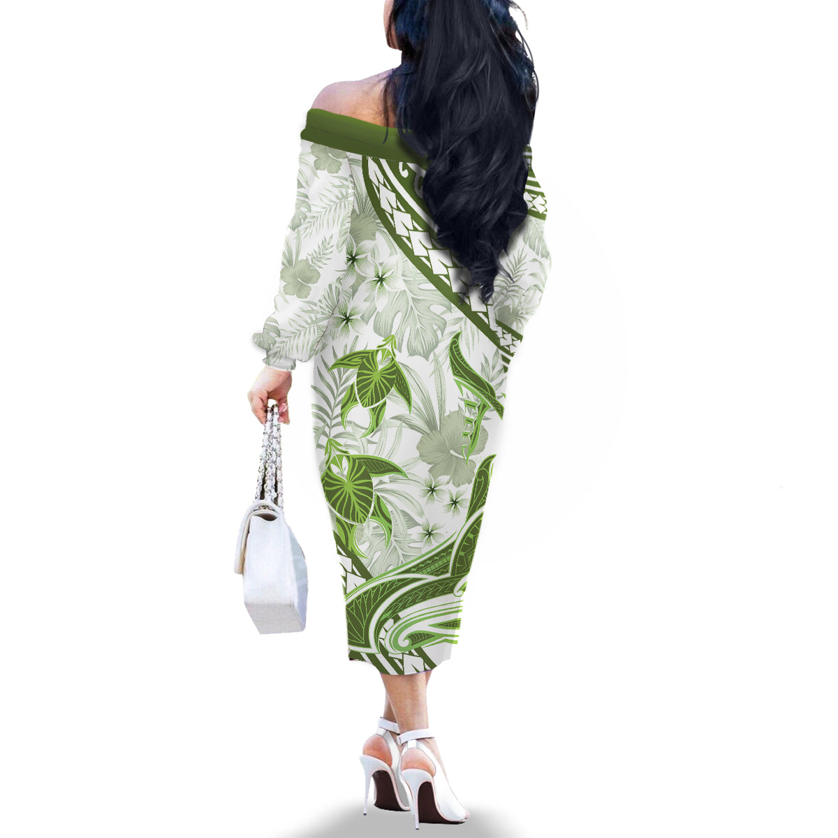 Lime Green Polynesia Family Matching Off Shoulder Long Sleeve Dress and Hawaiian Shirt Polynesian Turtle Shark Tattoo Tropical Vintage LT14 - Polynesian Pride