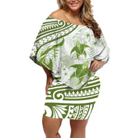 Lime Green Polynesia Family Matching Off Shoulder Short Dress and Hawaiian Shirt Polynesian Turtle Shark Tattoo Tropical Vintage LT14 Mom's Dress Lime Green - Polynesian Pride