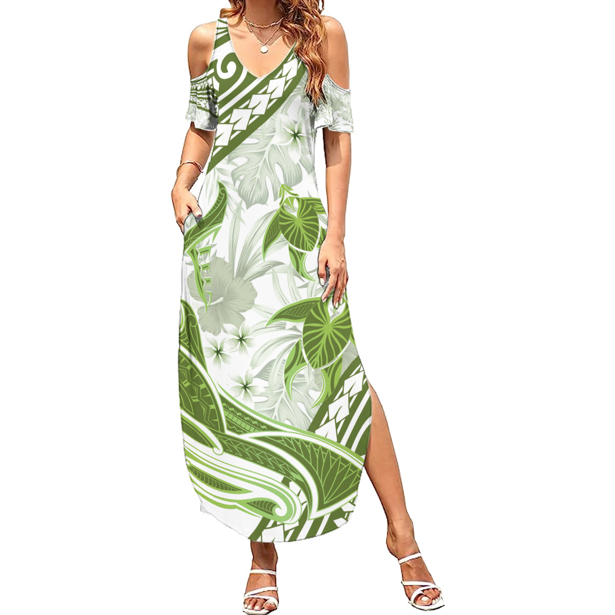 Lime Green Polynesia Summer Maxi Dress Polynesian Turtle Shark Tattoo Tropical Vintage LT14 Women Lime Green - Polynesian Pride