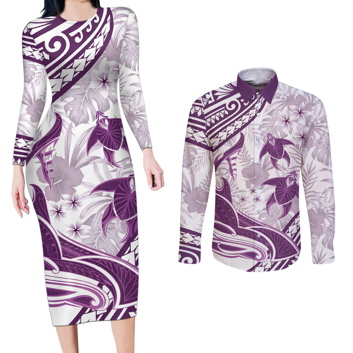 Purple Polynesia Couples Matching Long Sleeve Bodycon Dress and Long Sleeve Button Shirt Polynesian Turtle Shark Tattoo Tropical Vintage LT14 Purple - Polynesian Pride