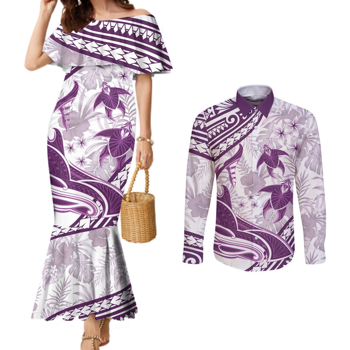 Purple Polynesia Couples Matching Mermaid Dress and Long Sleeve Button Shirt Polynesian Turtle Shark Tattoo Tropical Vintage LT14 Purple - Polynesian Pride