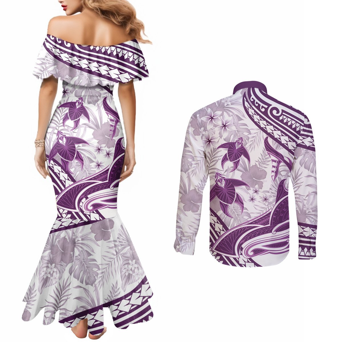 Purple Polynesia Couples Matching Mermaid Dress and Long Sleeve Button Shirt Polynesian Turtle Shark Tattoo Tropical Vintage LT14 - Polynesian Pride