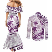 Purple Polynesia Couples Matching Mermaid Dress and Long Sleeve Button Shirt Polynesian Turtle Shark Tattoo Tropical Vintage LT14 - Polynesian Pride