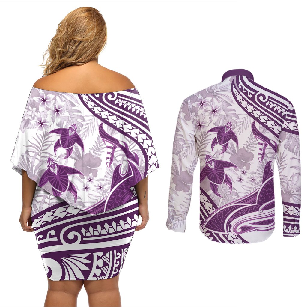Purple Polynesia Couples Matching Off Shoulder Short Dress and Long Sleeve Button Shirt Polynesian Turtle Shark Tattoo Tropical Vintage LT14 - Polynesian Pride