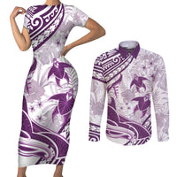 Purple Polynesia Couples Matching Short Sleeve Bodycon Dress and Long Sleeve Button Shirt Polynesian Turtle Shark Tattoo Tropical Vintage LT14 Purple - Polynesian Pride