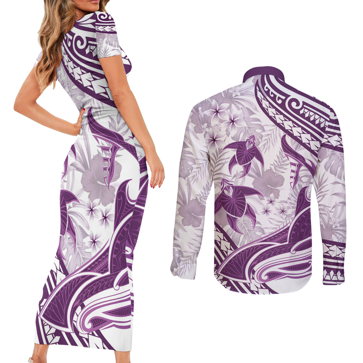 Purple Polynesia Couples Matching Short Sleeve Bodycon Dress and Long Sleeve Button Shirt Polynesian Turtle Shark Tattoo Tropical Vintage LT14 - Polynesian Pride