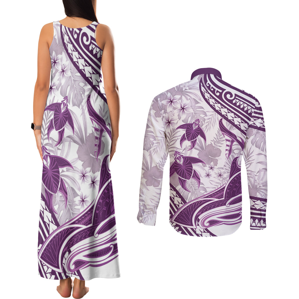 Purple Polynesia Couples Matching Tank Maxi Dress and Long Sleeve Button Shirt Polynesian Turtle Shark Tattoo Tropical Vintage LT14 - Polynesian Pride