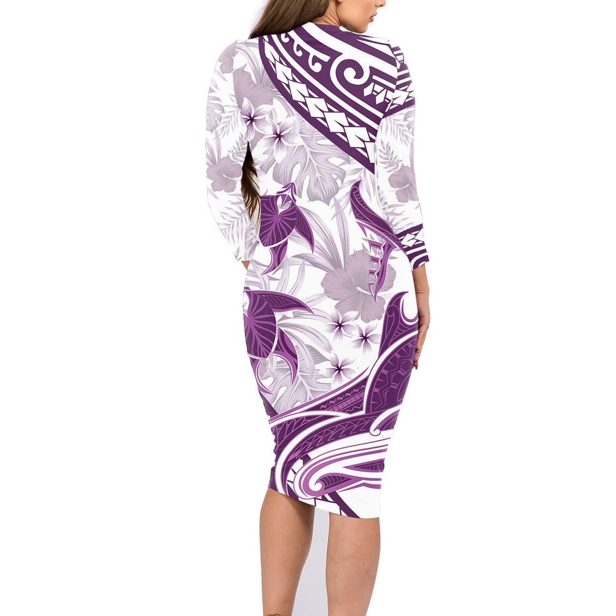 Purple Polynesia Family Matching Long Sleeve Bodycon Dress and Hawaiian Shirt Polynesian Turtle Shark Tattoo Tropical Vintage LT14 - Polynesian Pride