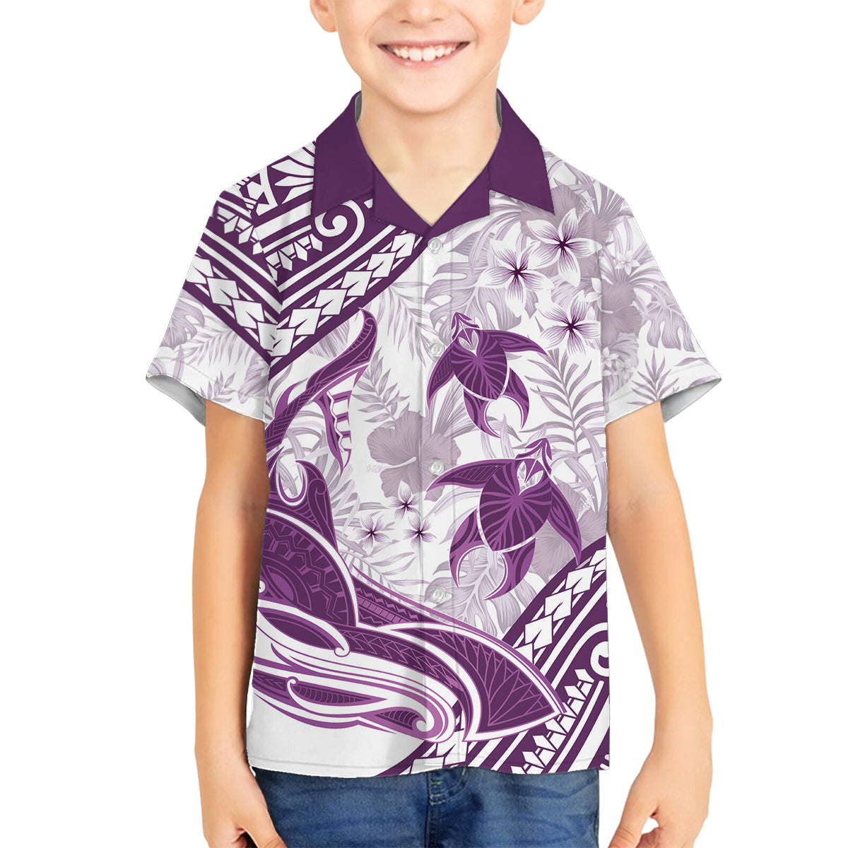 Purple Polynesia Family Matching Off Shoulder Short Dress and Hawaiian Shirt Polynesian Turtle Shark Tattoo Tropical Vintage LT14 Son's Shirt Purple - Polynesian Pride