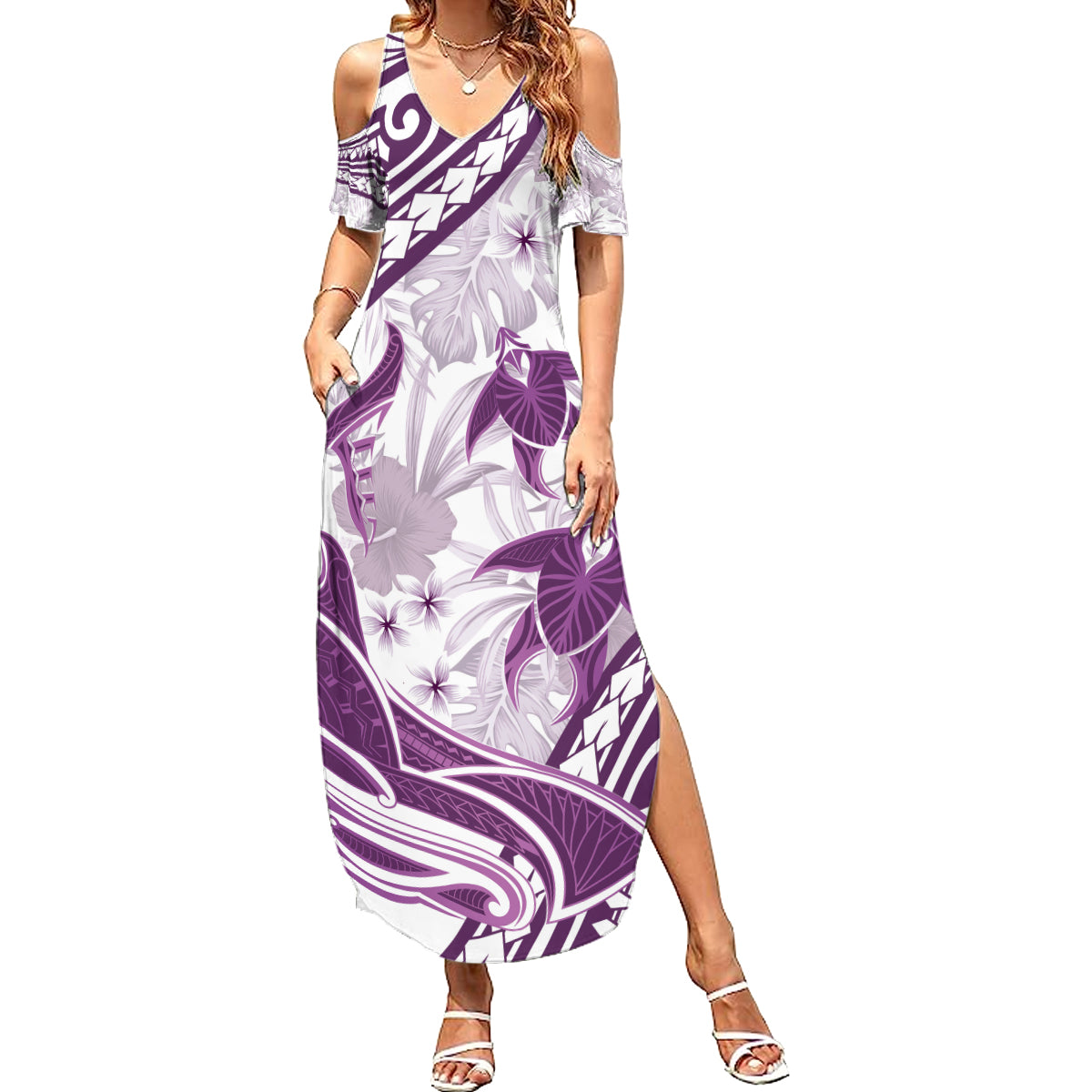 Purple Polynesia Family Matching Summer Maxi Dress and Hawaiian Shirt Polynesian Turtle Shark Tattoo Tropical Vintage LT14 Mom's Dress Purple - Polynesian Pride