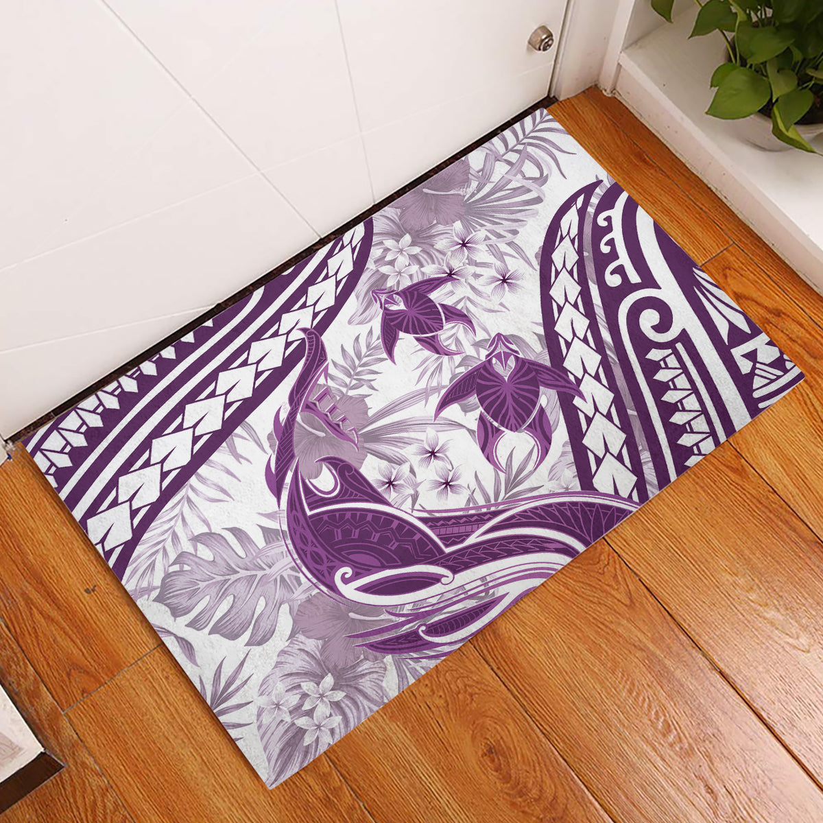 Purple Polynesia Rubber Doormat Polynesian Turtle Shark Tattoo Tropical Vintage