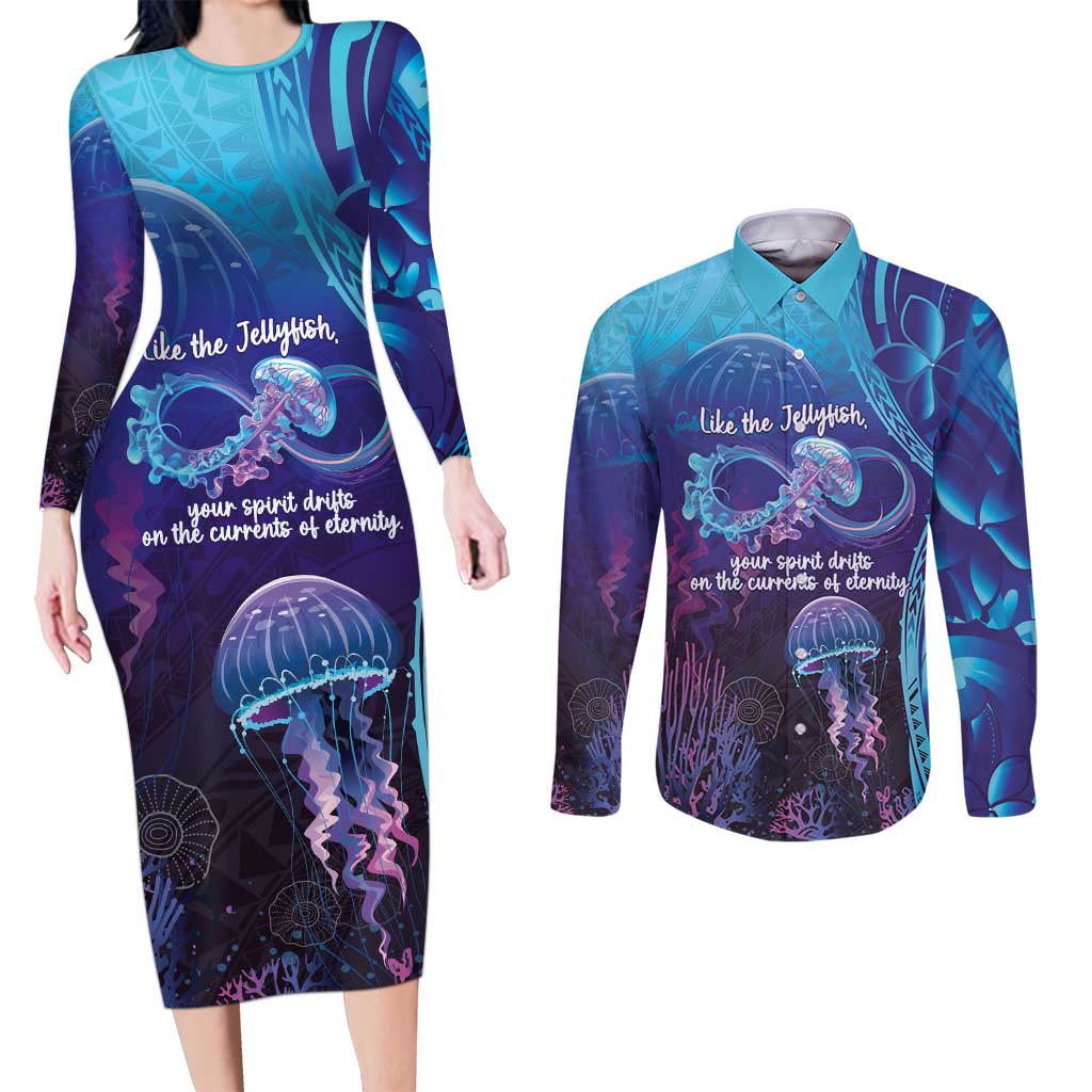 Polynesia Jellyfish Memorial Personalised Couples Matching Long Sleeve Bodycon Dress and Long Sleeve Button Shirt Infinity Jellies Polynesian Pattern
