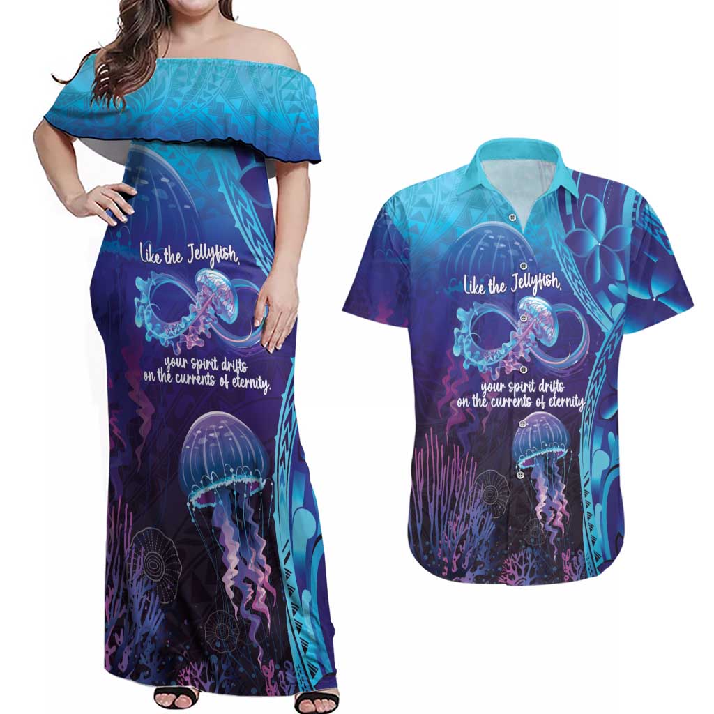 Polynesia Jellyfish Memorial Personalised Couples Matching Off Shoulder Maxi Dress and Hawaiian Shirt Infinity Jellies Polynesian Pattern