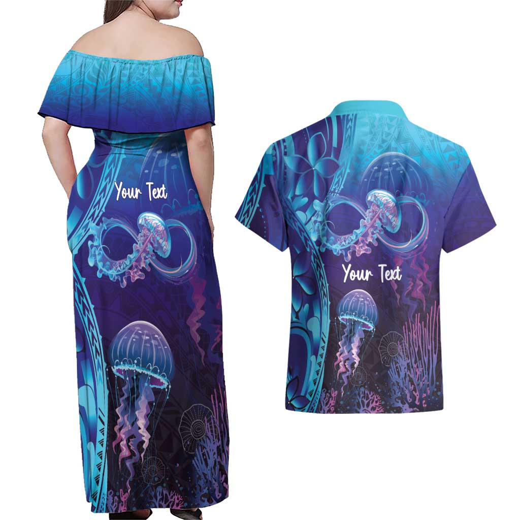 Polynesia Jellyfish Memorial Personalised Couples Matching Off Shoulder Maxi Dress and Hawaiian Shirt Infinity Jellies Polynesian Pattern