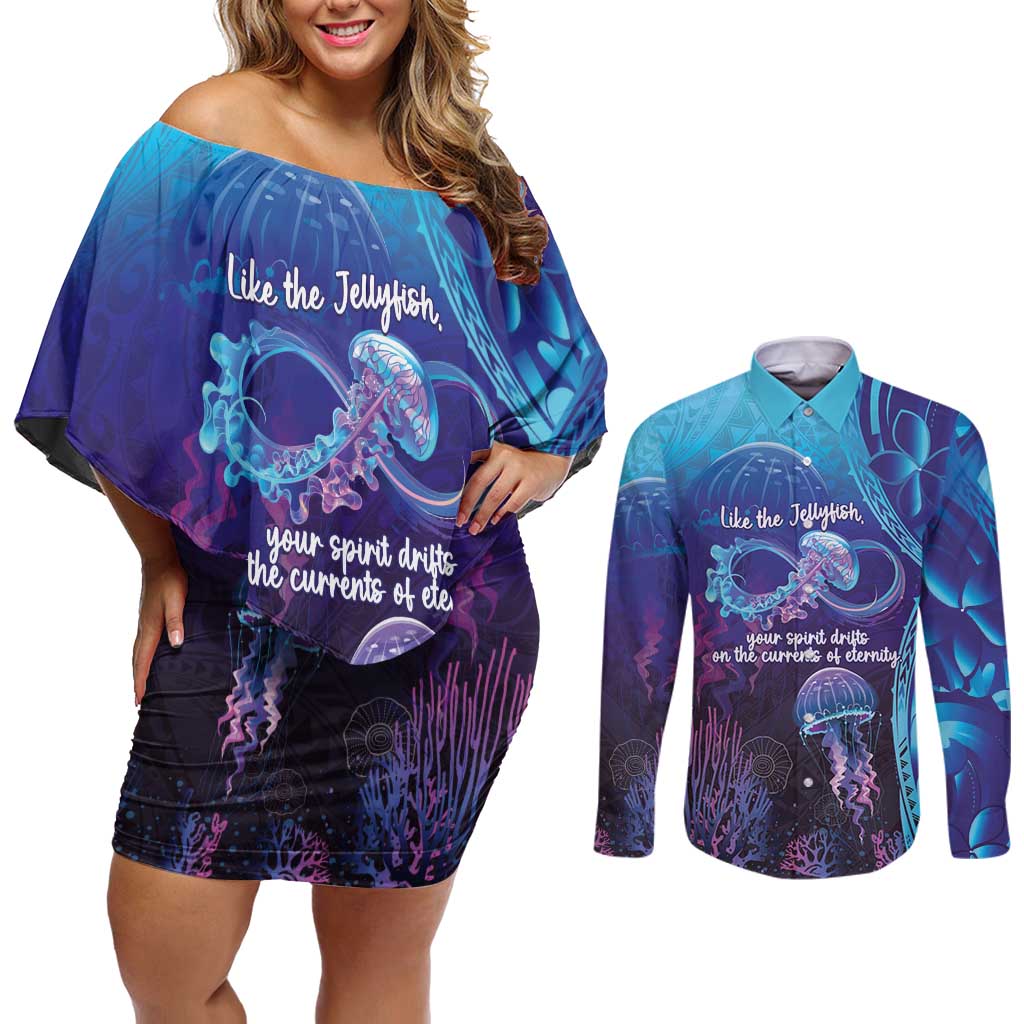 Polynesia Jellyfish Memorial Personalised Couples Matching Off Shoulder Short Dress and Long Sleeve Button Shirt Infinity Jellies Polynesian Pattern