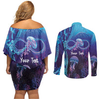 Polynesia Jellyfish Memorial Personalised Couples Matching Off Shoulder Short Dress and Long Sleeve Button Shirt Infinity Jellies Polynesian Pattern