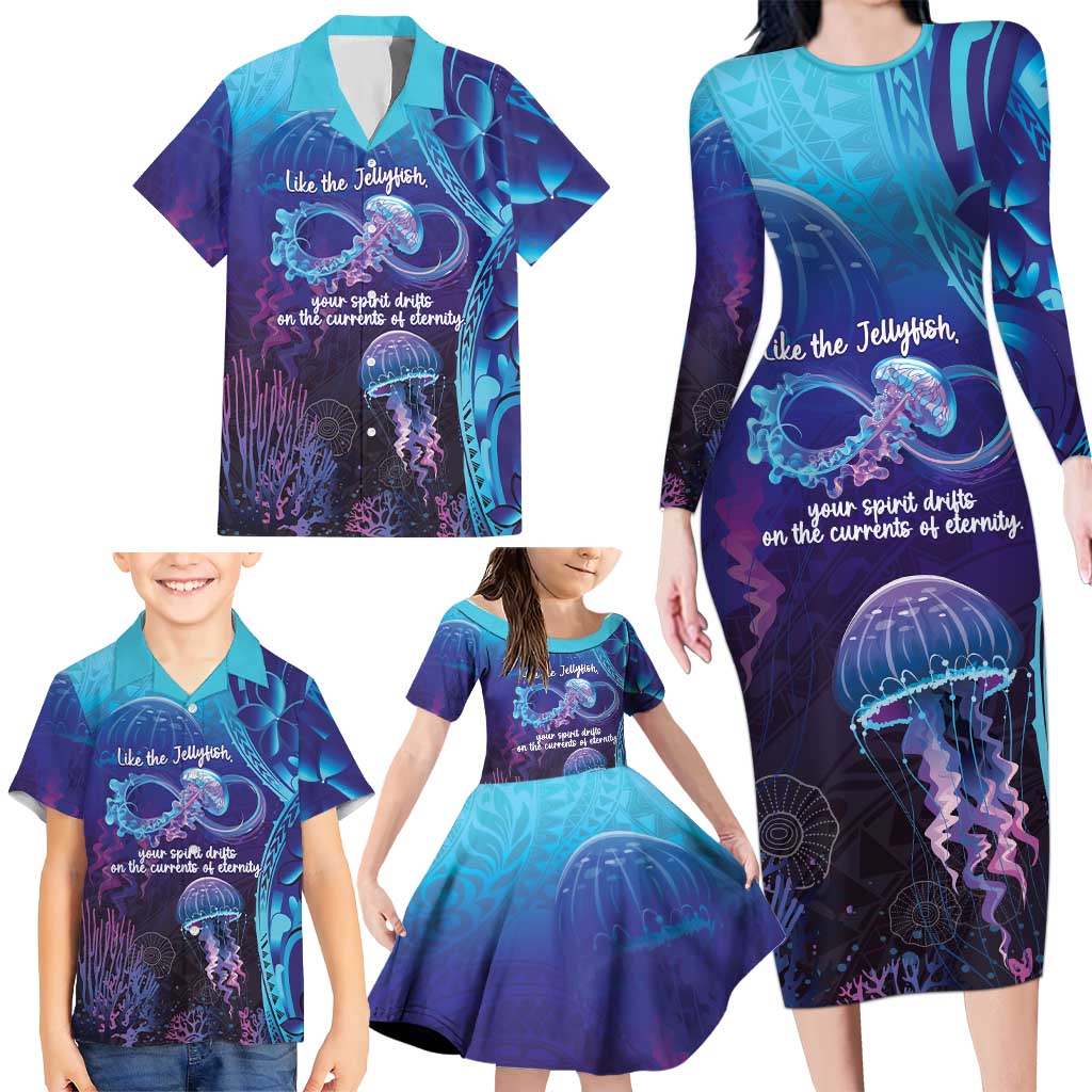 Polynesia Jellyfish Memorial Personalised Family Matching Long Sleeve Bodycon Dress and Hawaiian Shirt Infinity Jellies Polynesian Pattern
