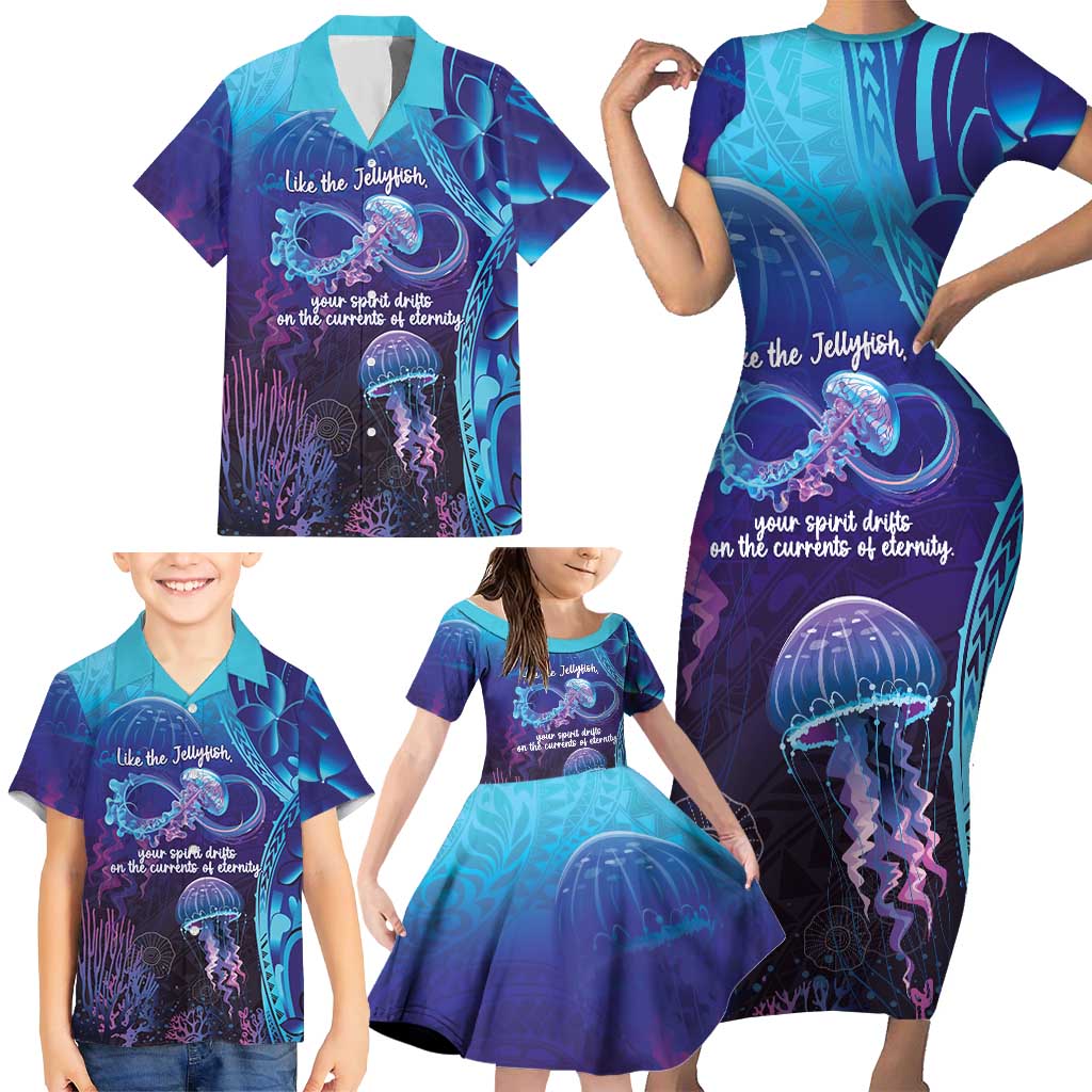 Polynesia Jellyfish Memorial Personalised Family Matching Short Sleeve Bodycon Dress and Hawaiian Shirt Infinity Jellies Polynesian Pattern