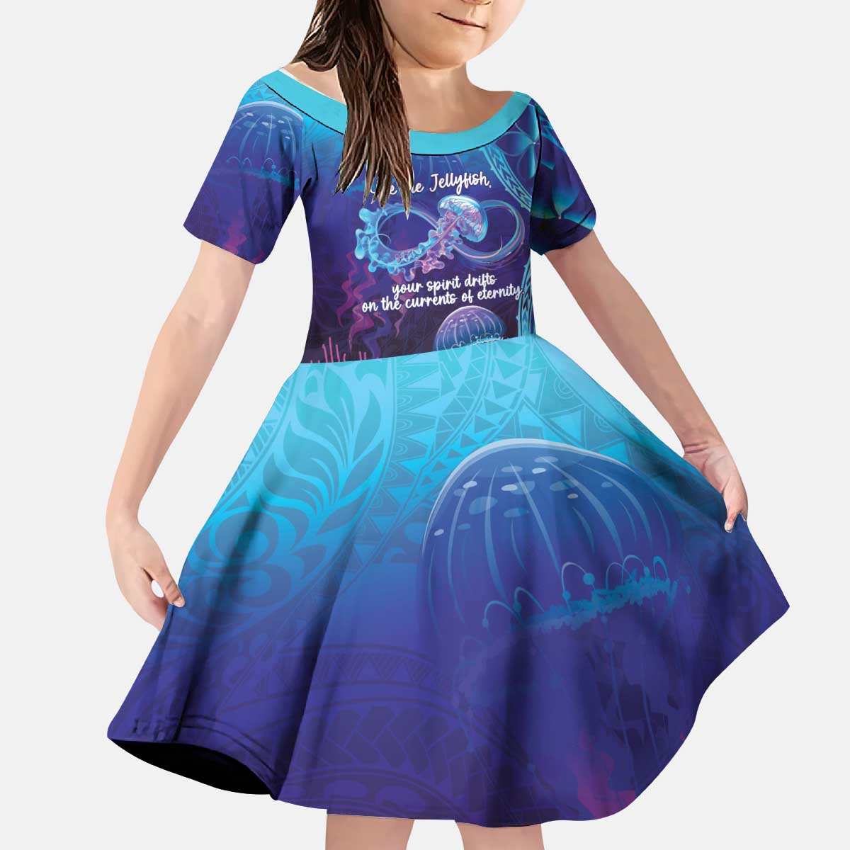 Polynesia Jellyfish Memorial Personalised Kid Short Sleeve Dress Infinity Jellies Polynesian Pattern