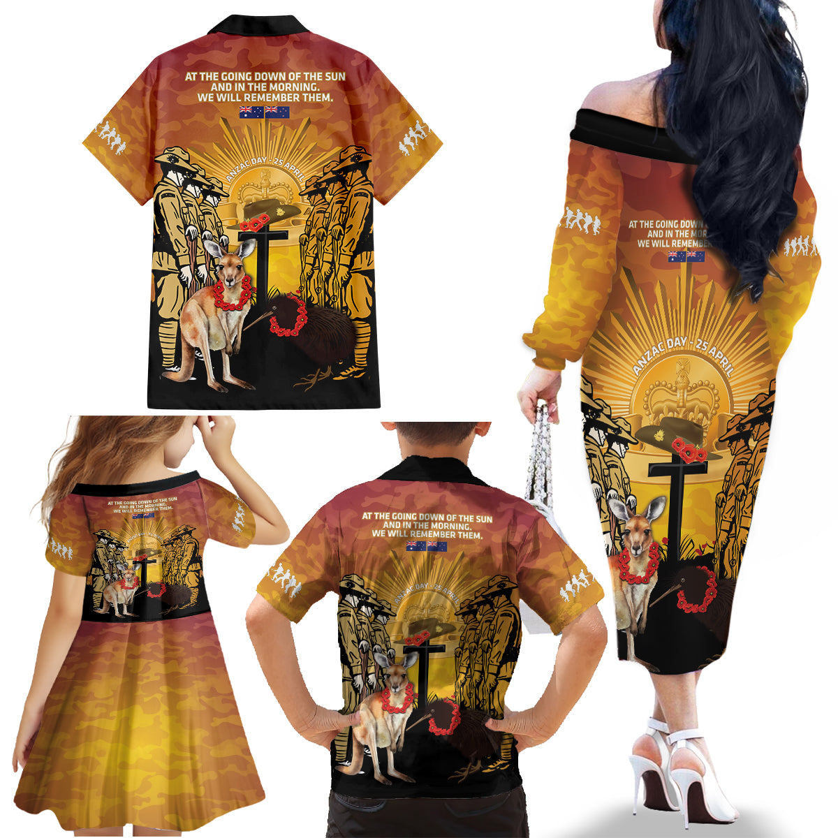 Australia And New Zealand ANZAC Family Matching Off The Shoulder Long Sleeve Dress and Hawaiian Shirt Aussie Kangaroo With Aotearoa Kiwi Lest We Forget