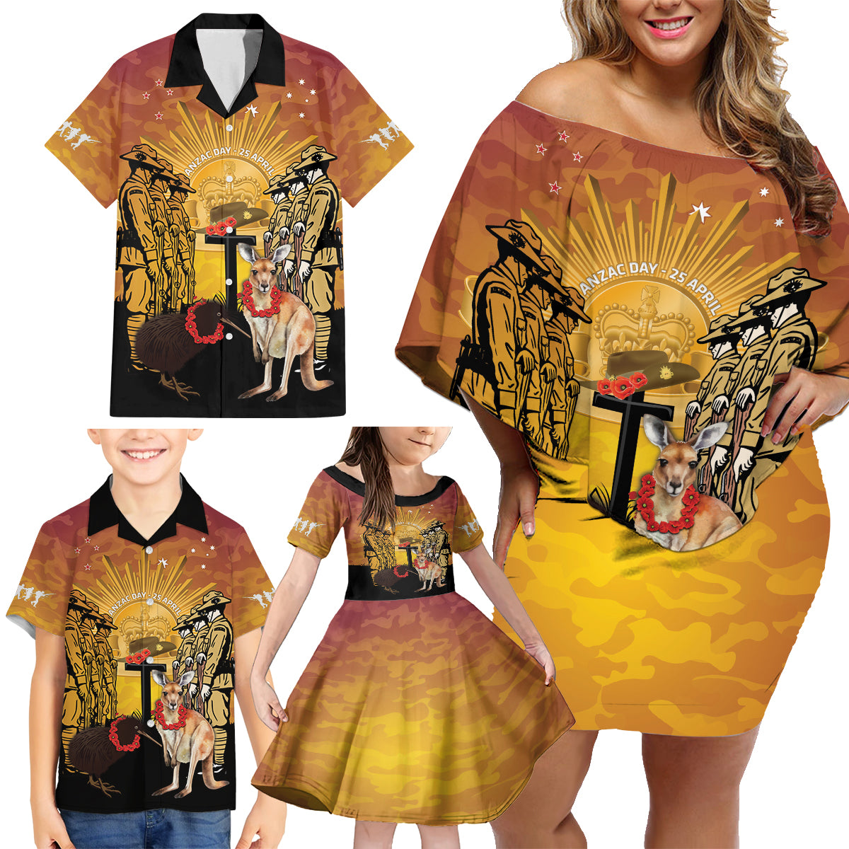 Australia And New Zealand ANZAC Family Matching Off Shoulder Short Dress and Hawaiian Shirt Aussie Kangaroo With Aotearoa Kiwi Lest We Forget