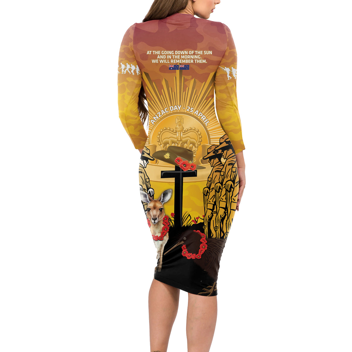 Australia And New Zealand ANZAC Long Sleeve Bodycon Dress Aussie Kangaroo With Aotearoa Kiwi Lest We Forget