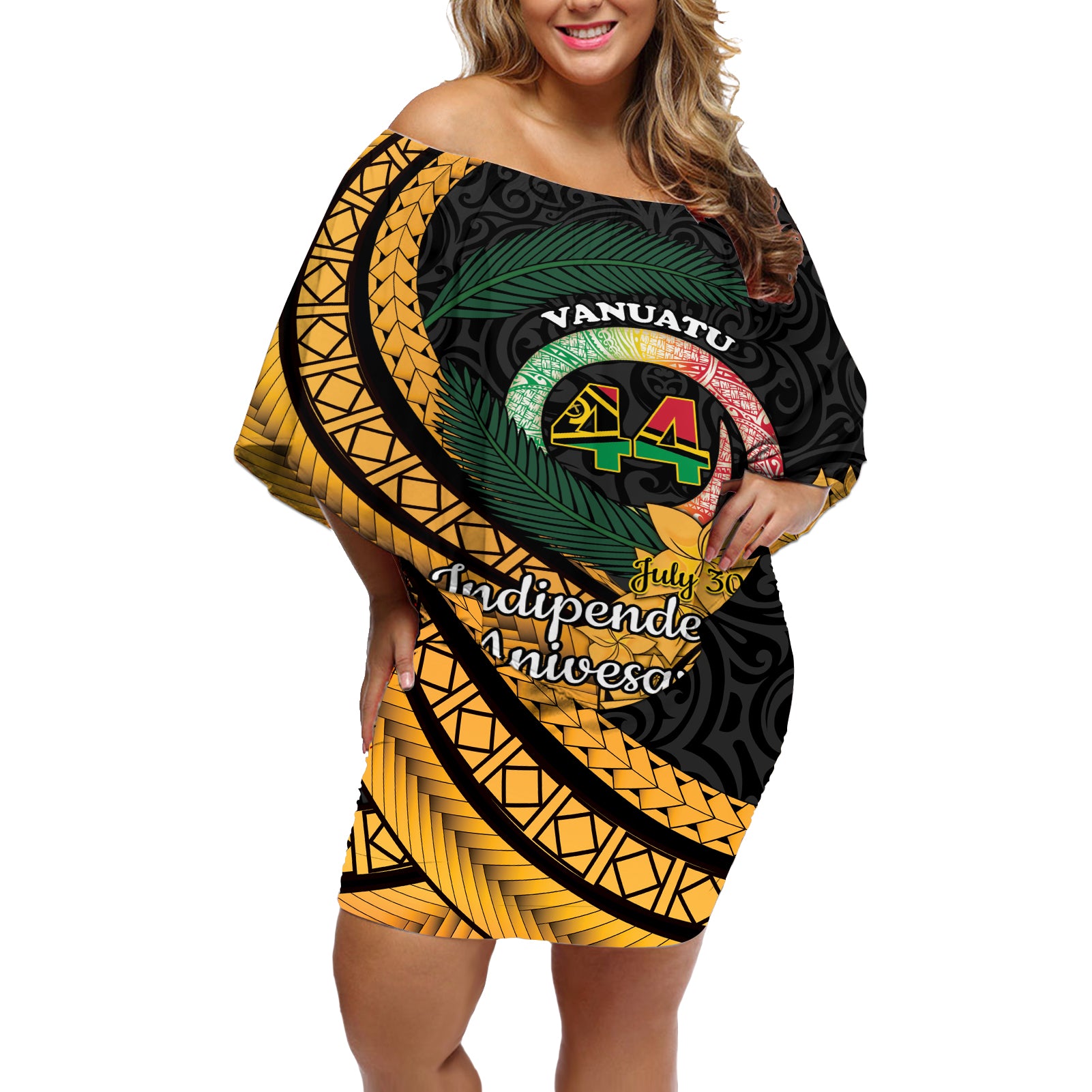 Personalised Vanuatu Independence Day Off Shoulder Short Dress July 30 Vanuatuan Pig Tusk