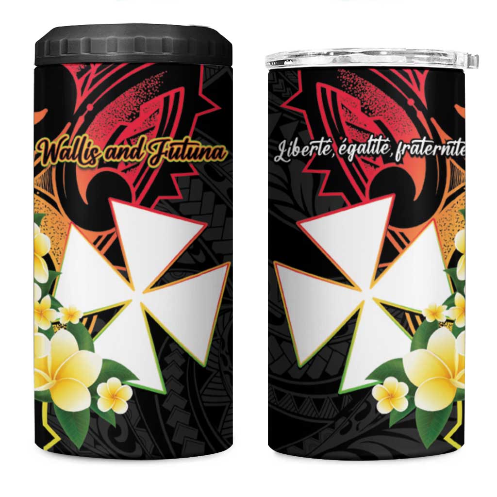 Wallis and Futuna Victory Day 4 in 1 Can Cooler Tumbler Liberty Equality Fraternity Polynesian Plumeria