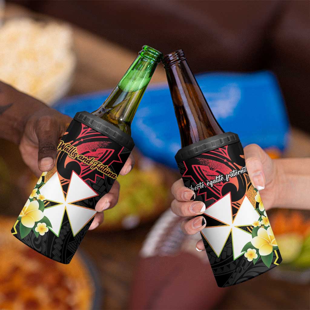 Wallis and Futuna Victory Day 4 in 1 Can Cooler Tumbler Liberty Equality Fraternity Polynesian Plumeria