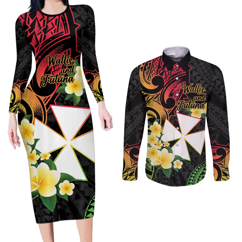 Wallis and Futuna Victory Day Couples Matching Long Sleeve Bodycon Dress and Long Sleeve Button Shirt Liberty Equality Fraternity Polynesian Plumeria